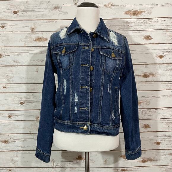 Black Label by C'Est Toi Distressed Denim Jean Jacket - Blue - Small - Picture 6 of 10